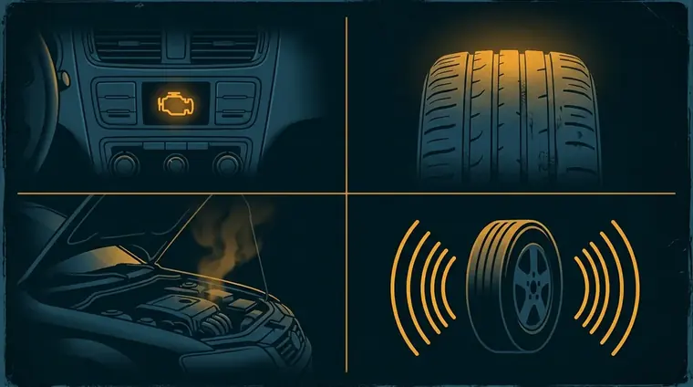 Os quatro sinais que o carro dá: luz no painel, desgaste do pneu, motor sob o capô e o ruído da roda