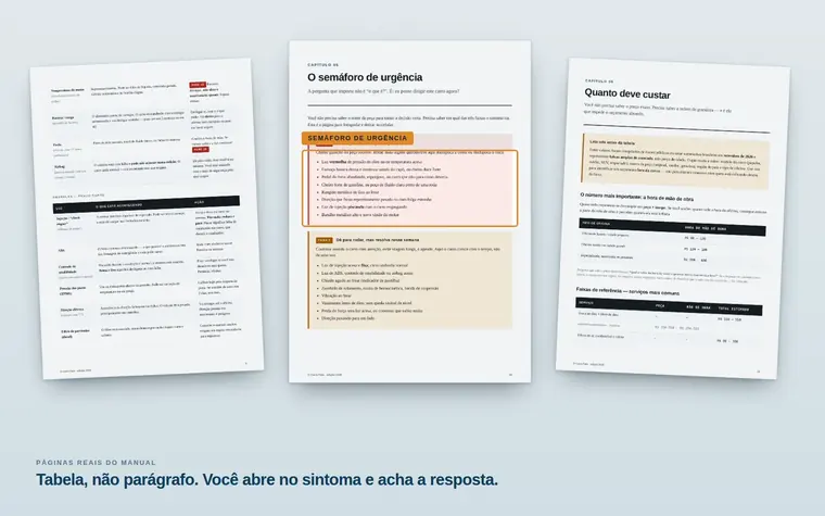 Três páginas reais do manual: luzes do painel, semáforo de urgência e a tabela de faixas de preço