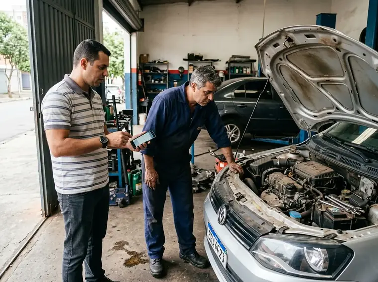 Dono do carro mostrando o manual no celular enquanto conversa com o mecânico ao lado do motor aberto